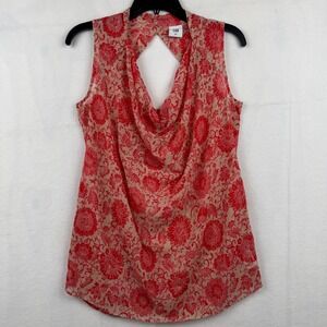 Cabi XS Top Floral Cowl Neck Sleeveless Blouse Red‎ Beige Open Back